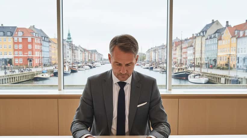 Dansk mand i jakkesæt gennemgår investeringsdokumenter i et moderne Københavns-kontor med havneudsigt