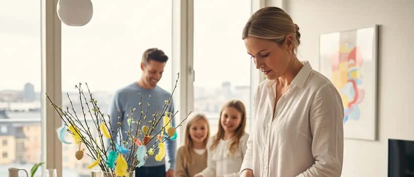 Svensk kvinna läser ingrediensetiketter vid ett påskbord med sill och ägg i ett Stockholmshem