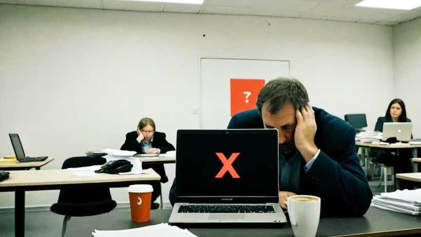 Büroangestellter vor Laptop mit Fehlermeldung nach Microsoft-Ausfall