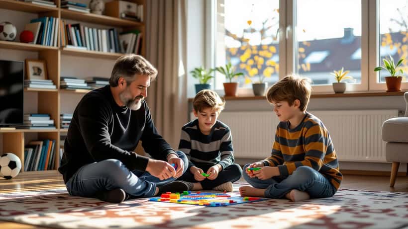 Behrang Safari SVT-expert och autismförälder spelar brädspel med sina tvillingsöner i ett ljust stockholmshem