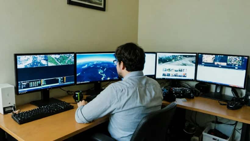 Technicien informatique devant plusieurs écrans avec jeux vidéo et tableaux de bord de sécurité dans un bureau à domicile à Montréal