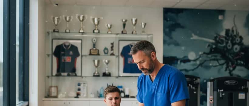 Sports medicine doctor examining a footballer's ankle at an Australian sports clinic