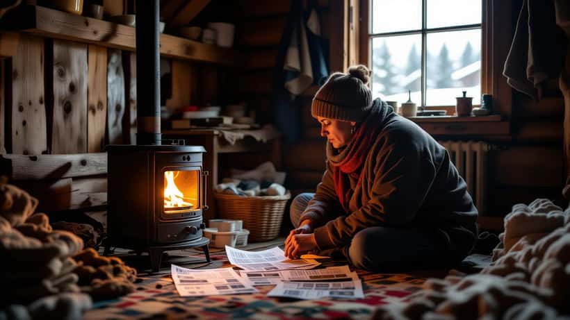 Proprietario di casa italiano vicino a stufa a cherosene portatile in casale rurale invernale
