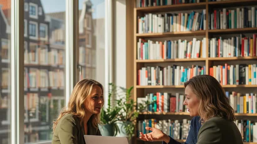 Nederlandse vrouw in gesprek met loopbaancoach in modern Amsterdam kantoor