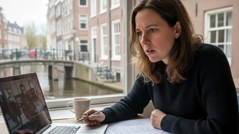 Vrouw kijkt bezorgd naar een misdaadserie op laptop met juridische documenten op bureau
