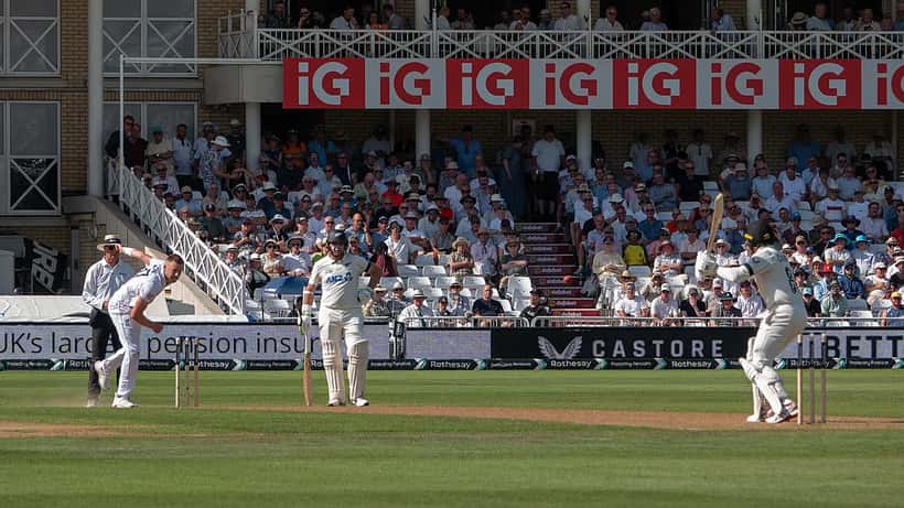 Fast bowler in delivery stride during a cricket Test match 2026