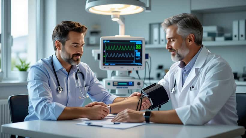 Medico che misura la pressione arteriosa a un paziente in ambulatorio, monitor ECG sullo sfondo