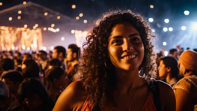 Multidão em show sertanejo ao ar livre à noite com grande palco iluminado ao fundo