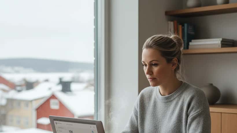 Svensk kvinna granskar ISK-sparande på laptop i Stockholmshem