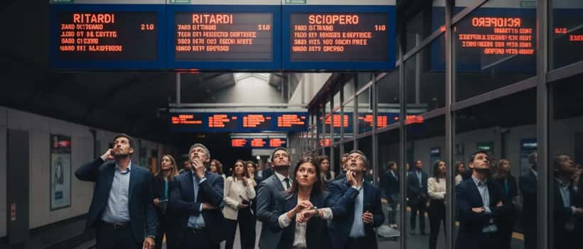 Pendolari italiani sul marciapiede della metro in attesa, schermi che mostrano ritardi dei trasporti