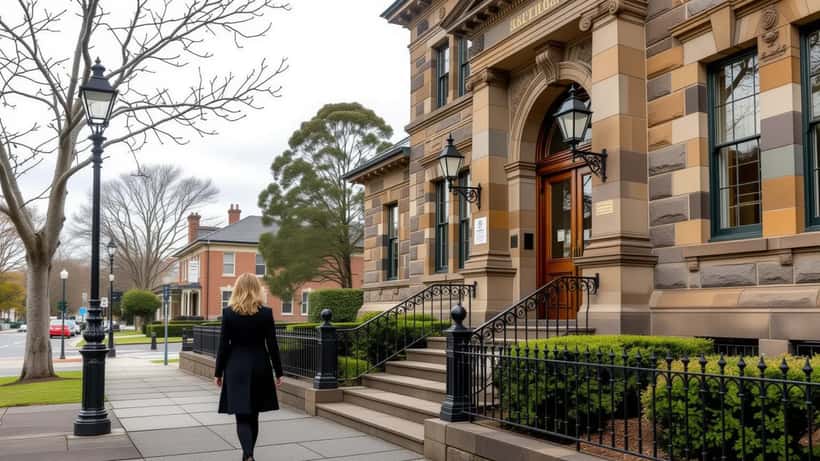 Woman in dark clothing walking up the sandstone steps of a New South Wales courthouse on an overcast day