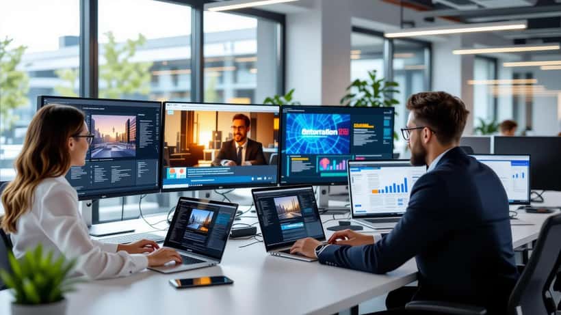 Newsroom digitale italiana nel 2026 con esperti al lavoro su laptop e schermi con titoli di attualità