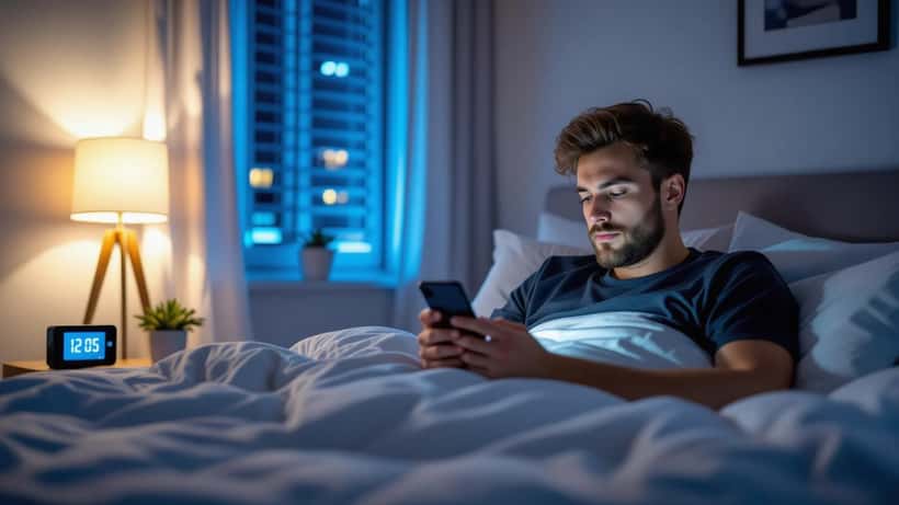 Person checking smartphone showing word puzzle grid in dark bedroom at midnight