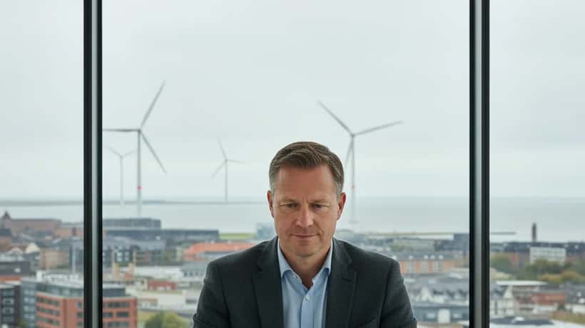 Dansk finansiel rådgiver analyserer aktiekurser med vindmøller i baggrunden i København