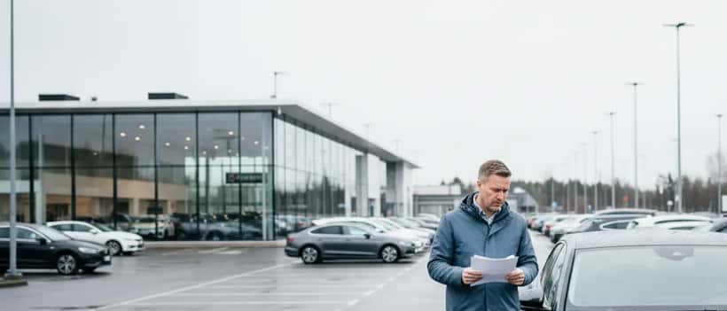 En svensk bilägare håller garantidokument bredvid sin bil på en bilhandlarens parkeringsplats och ser bekymrad ut