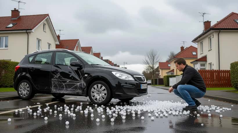 Auto met hageldeuken en gebarsten voorruit op straat, hagelstenen op het asfalt na noodweer