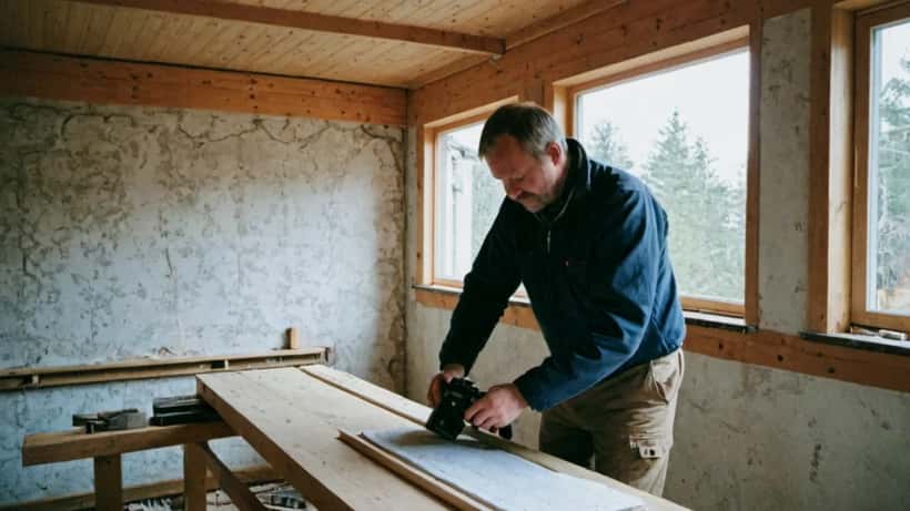 Kodin remontti: omistaja tutkii kantavaa palkkia osittain remontoidussa huoneessa