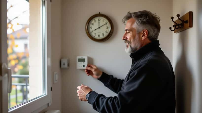 Homme réglant un thermostat programmable et un programmateur de chaudière avant le passage à l'heure d'hiver