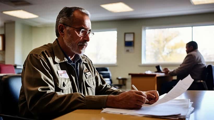 Veterano hispano revisando documentos en sala de espera del VA