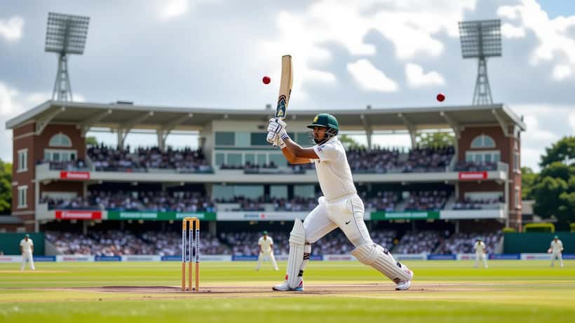 Pakistani fast bowler in white cricket whites delivering at an overcast English Test ground with traditional grandstands in the background