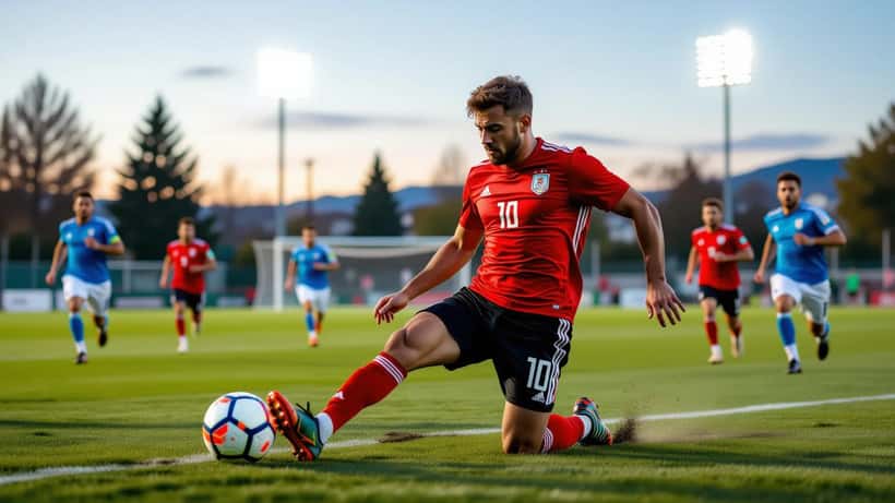 Joueur de football amateur se blessant aux ischio-jambiers sur terrain synthétique, soirée sous projecteurs