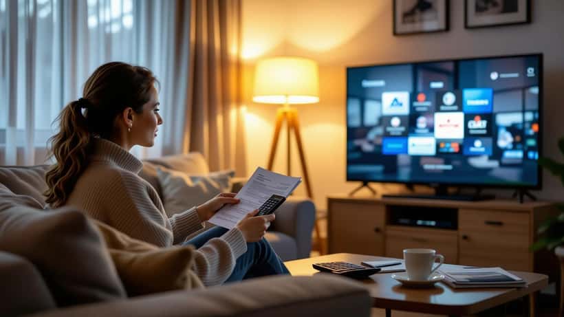 UK woman on a sofa reviewing a bank statement and calculator while holding a TV remote, smart TV showing streaming apps behind her