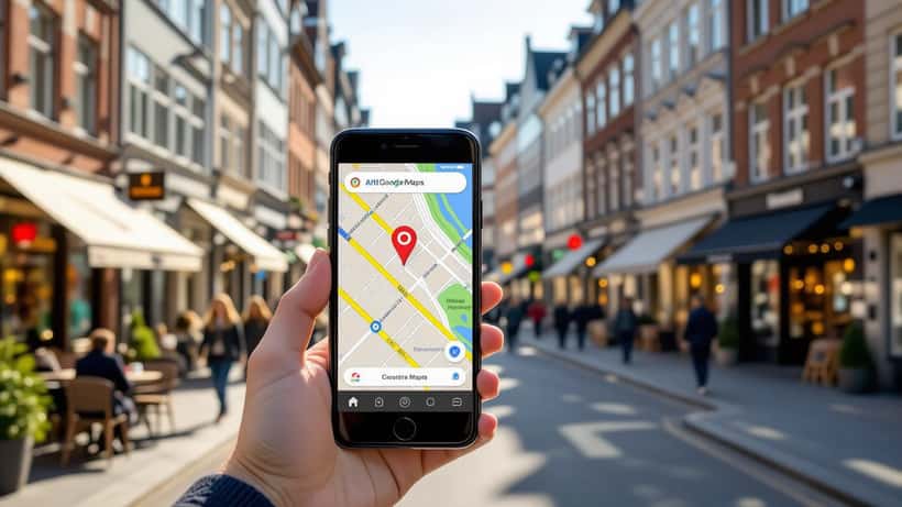 Smartphone viser Google Maps med lokale butikker på en dansk gågade i 2026
