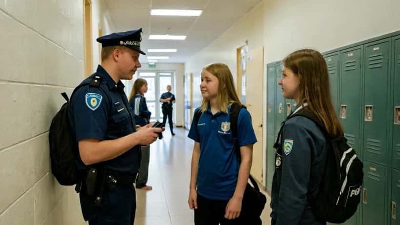 Poliisi keskustelee nuorten kanssa koulun käytävällä Helsingissä