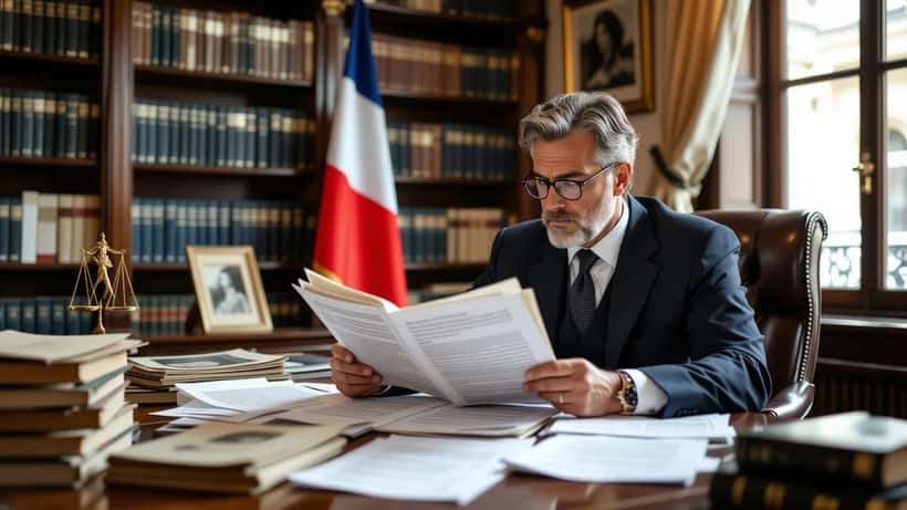 Avocat parisien étudiant des documents légaux relatifs à la liberté artistique et aux lois mémorielles françaises