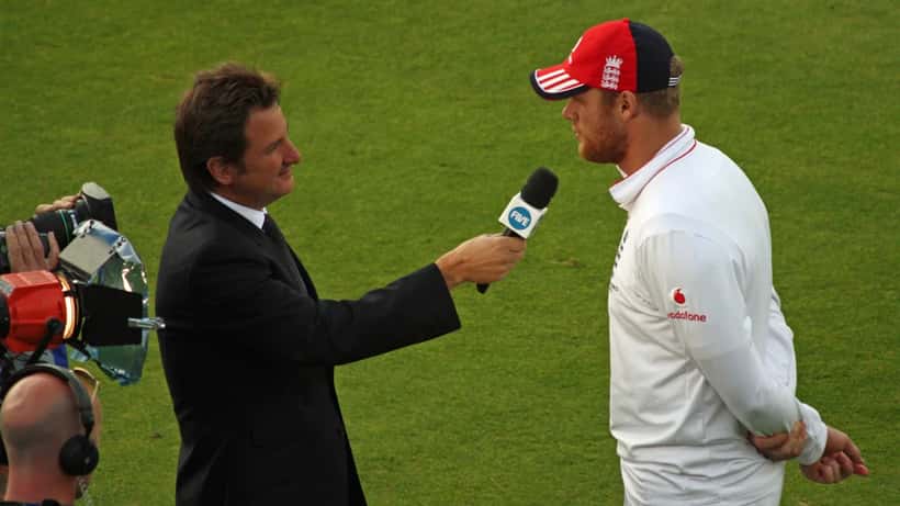 Freddie Flintoff speaking at a cricket ground in England