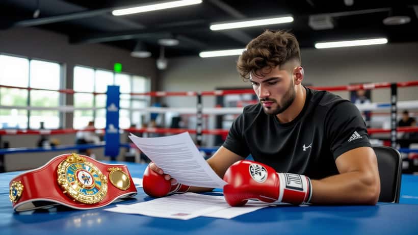 Professional boxer reviewing financial contract in a boxing gym