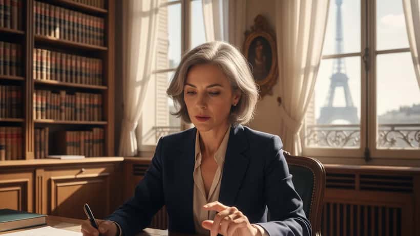 Femme consultant des documents notariaux dans un bureau parisien