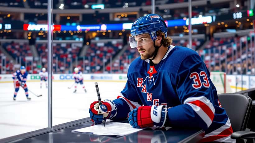 Brett Berard en tenue des Rangers, illustration d'un athlète signant un contrat sportif négocié par son agent.