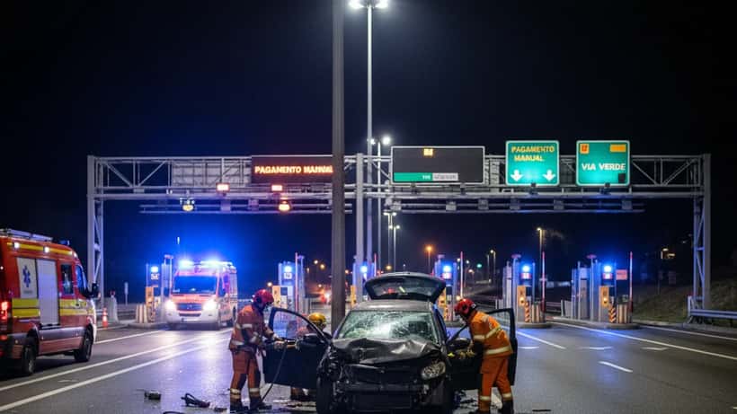 Veículo com frente destruída junto a barreira de portagem numa autoestrada à noite com bombeiros