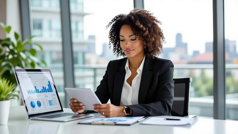 Selbstbewusste Geschäftsfrau analysiert Investment-Charts im modernen Büro