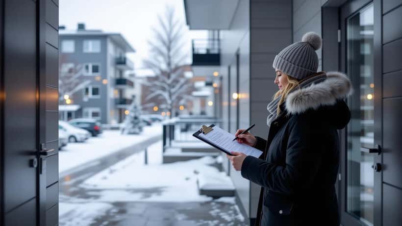 Fastighetsförvaltare granskar dokument vid isigt bostadshus i Sundsvall, snö på trapporna