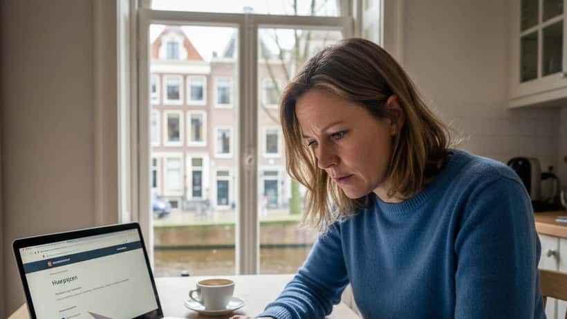 Huurder bekijkt brief met huurverhogingsbedrag aan keukentafel in Amsterdam appartement