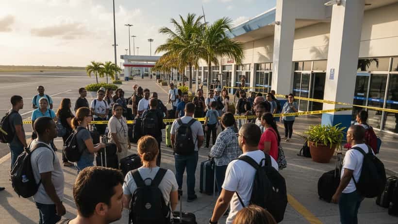 Passagiers wachten buiten luchthaven van Curaçao na bommelding met politie aanwezig