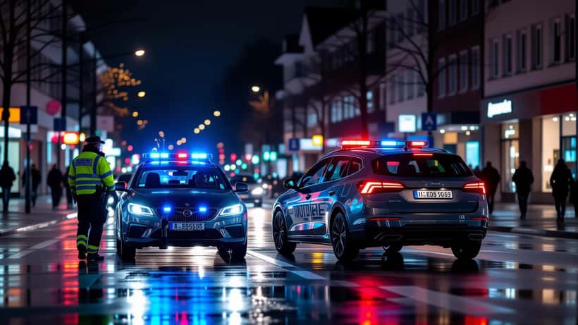 Polizei stoppt Fahrzeug bei Nacht auf nasser Straße in Deutschland – blaue Blaulichter, Beamte am Fenster