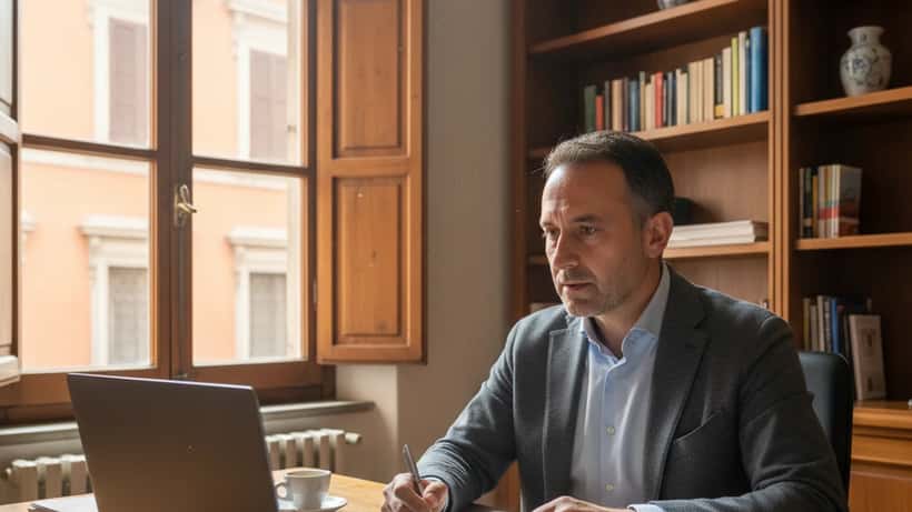 Lavoratore italiano in videochiamata con il medico da casa propria a Bologna, con certificato INPS sul tavolo