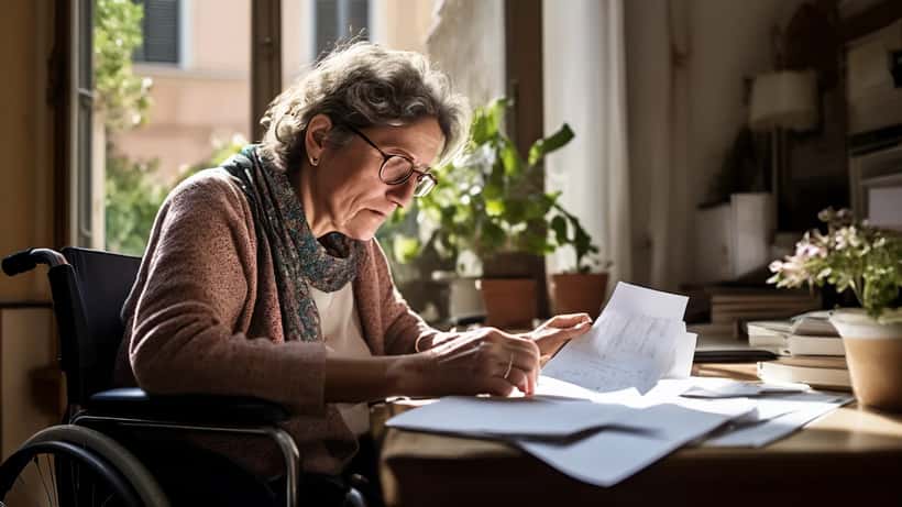 Donna in sedia a rotelle che esamina documenti INPS di invalidità civile a casa propria a Roma