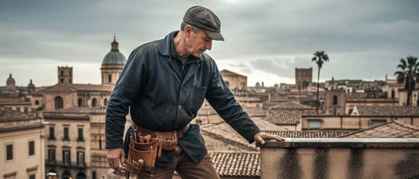 Artigiano che controlla le tegole sul tetto di una casa siciliana dopo piogge intense