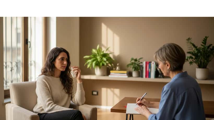 Donna italiana in consulenza psicologica in studio moderno a Milano