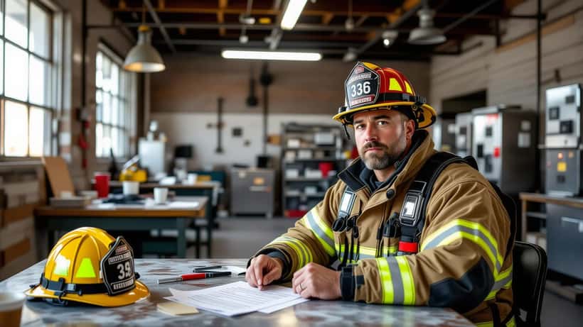 Hispanic firefighter in open turnout gear sitting at firehouse table with workers compensation form and helmet
