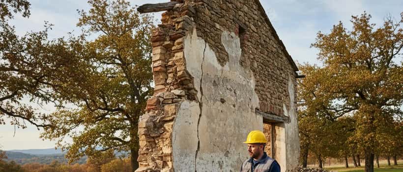 Esperto edilizio italiano che ispeziona le mura esterne di un casale abbandonato in un parco