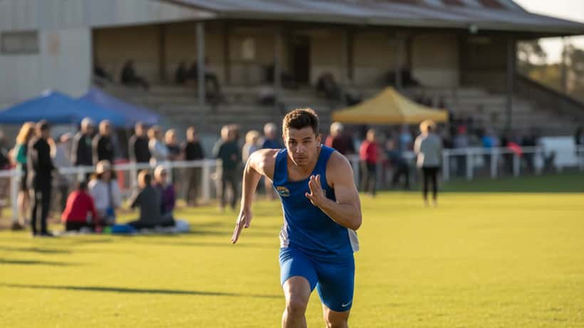 Amateur runner sprinting on grass at regional athletics carnival in Victoria Australia