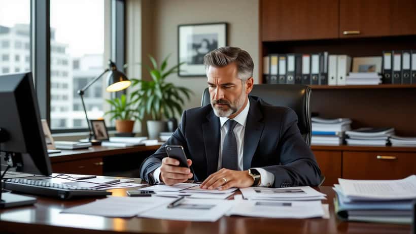 Attorney reviewing viral death hoax Facebook post on smartphone in Chicago law office