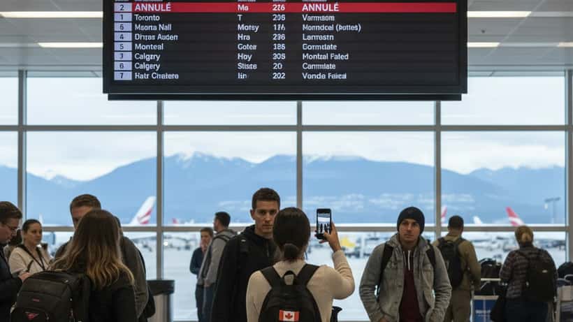 Passagers canadiens frustrés devant un tableau d'annulations de vol à l'aéroport de Vancouver
