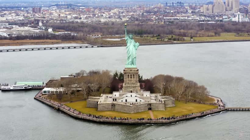 Aerial view of Liberty Island and the Statue of Liberty in New York Harbor
