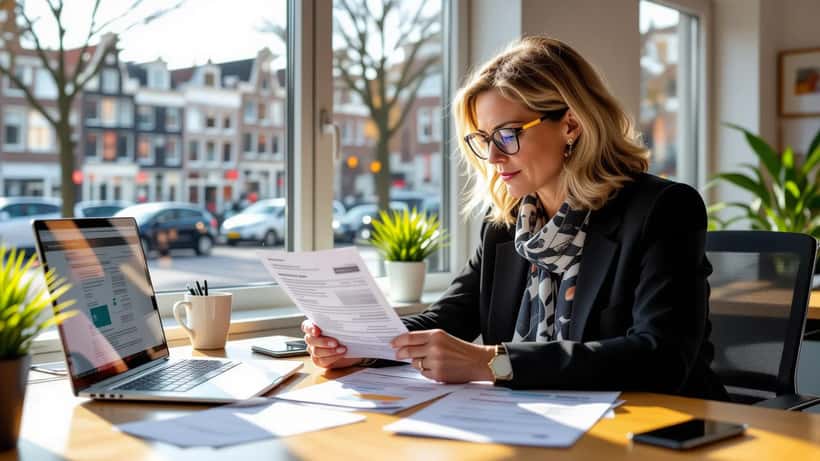 HR-manager bekijkt OV-chipkaart en salarisspecificatie op kantoor in Amsterdam